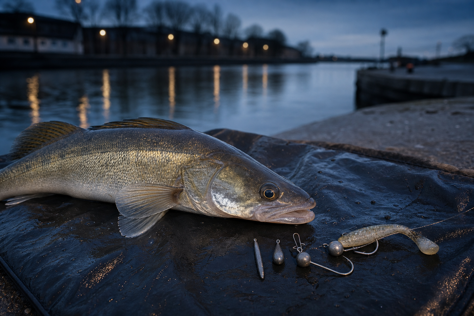 Snoekbaars met tungsten jigheads en dropshotgewichten aan een kanaal